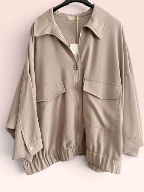 Ensemble Veste Zippée et Pantalon Fluide Taupe- Taille Unique Grande Taille (44/50)
